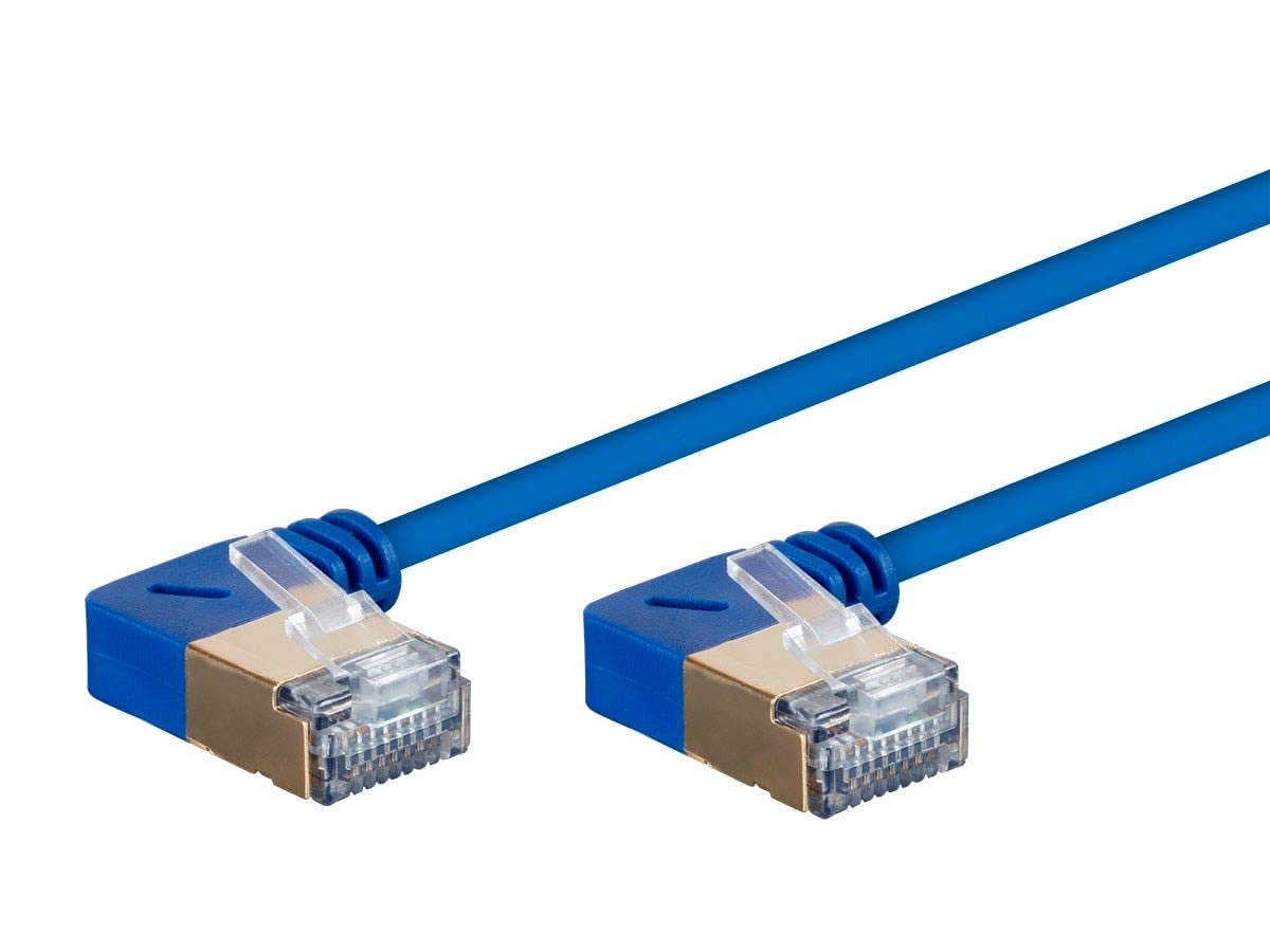Monoprice Cat6A 2Ft Blue 90 Degree Patch Cable Double Shielded (S/Ftp) 36Awg 10G Cm Pure Bare Copper Snagless Rj45 Slimrun Serie