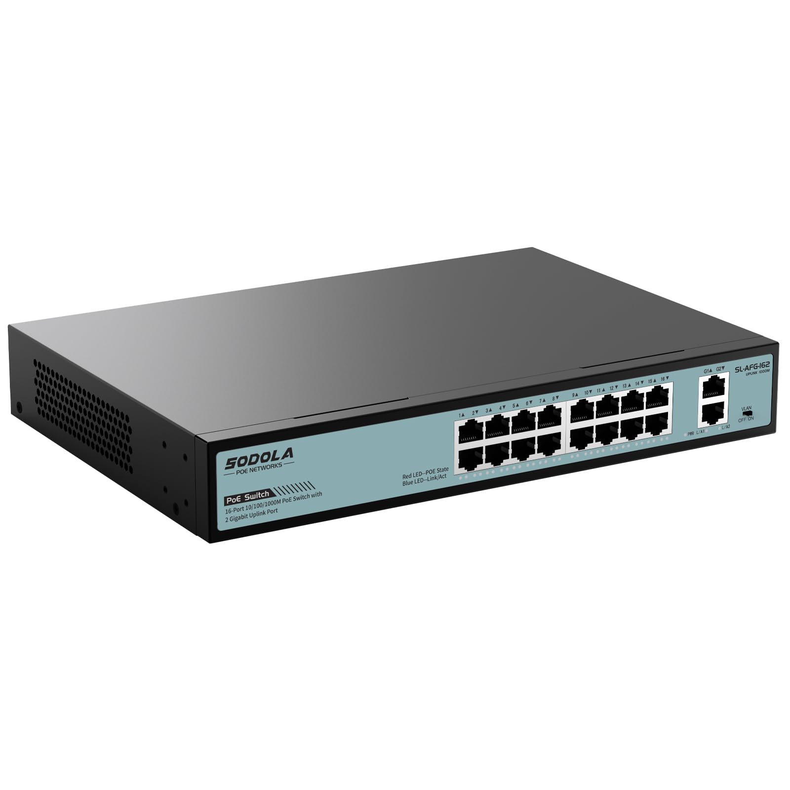 Sodola 16 Port Gigabit Poe Switch 400W,2 Gigabit Uplink,802.3Af/At,Port Isolation,Metal Casing,1U Rackmount,Unmanaged Network Sw