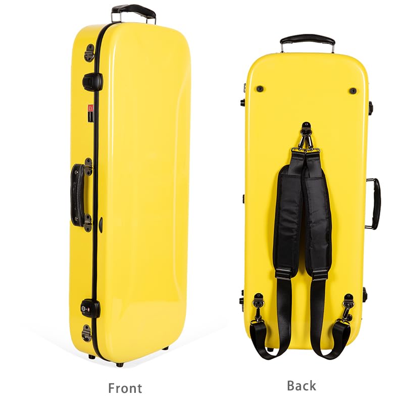 Crossrock Fiberglass Mandolin Case - Oblong For F-Style (Fits Gibson F5) | Yellow Gloss Finish, Forest Green Velvet, Tsa Lock, H