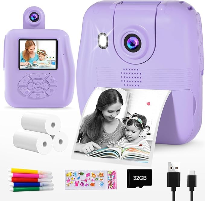 GKTZ Kids Camera - 1080P Instant Digital Print Camera for Kids - Christmas & Birthday Gifts for 3-12 Year Old Girls and Boys, Po