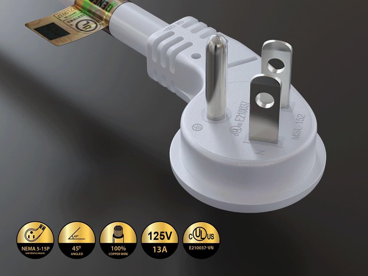 Cableleader White 1Ft Ultra Low Profile Power Extension Cord Cable Nema 5 15P To Nema 5 15R, Ul Listed