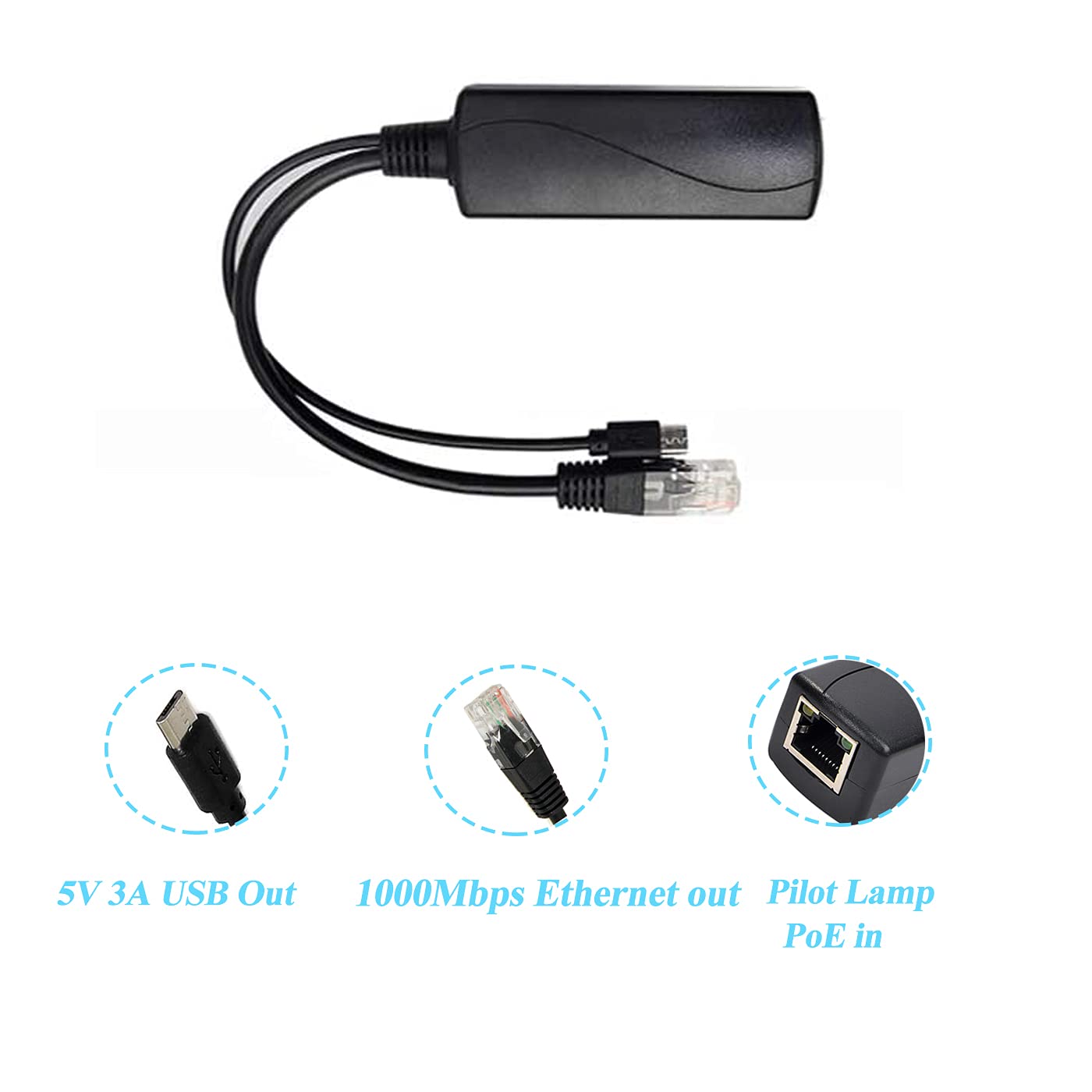 Revodata Gigabit Micro Usb Poe Splitter 5V/3A, 48V Poe To Micro Usb 5V/3A Output, 10/100/1000Mbps Active Ieee802.3Af/At, Poe Ada