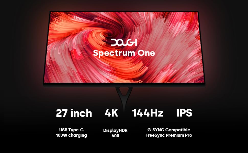 Dough Spectrum One 27 Inch Gaming Monitor   4K Hdr, 144Hz Refresh Rate, 1Ms Response, Ips Panel, Freesync Premium Pro, Usb C Doc