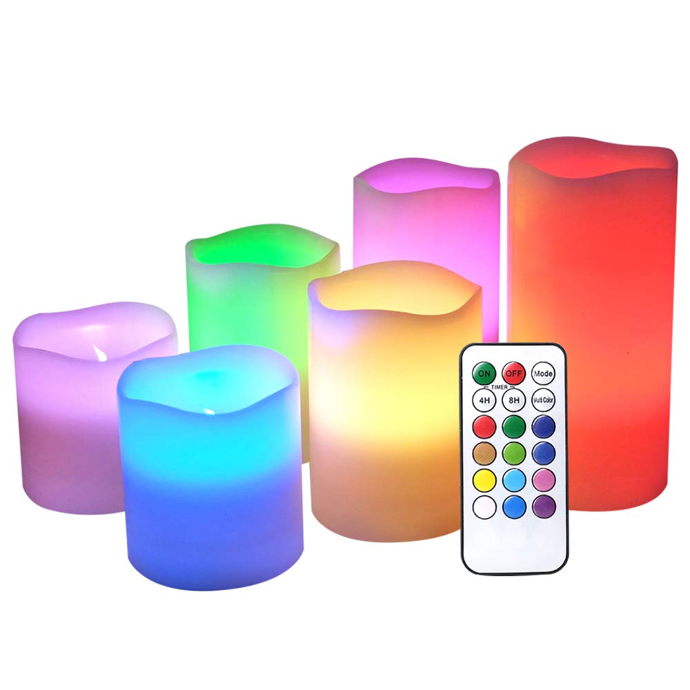 Dromance Flameless Flickering Candles Color Changing With 18 Key Remote Timer, Battery Operated Real Wax Set Of 6 Led Pillar Can