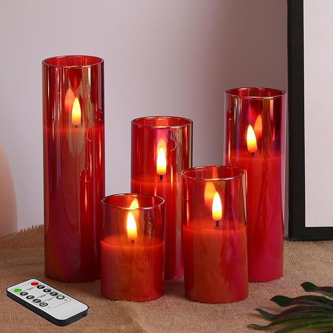 Eywamage 5 Pack Red Glass Flameless Candles with Remote, Flickering Slim Tall LED Pillar Votive Candles Battery Included