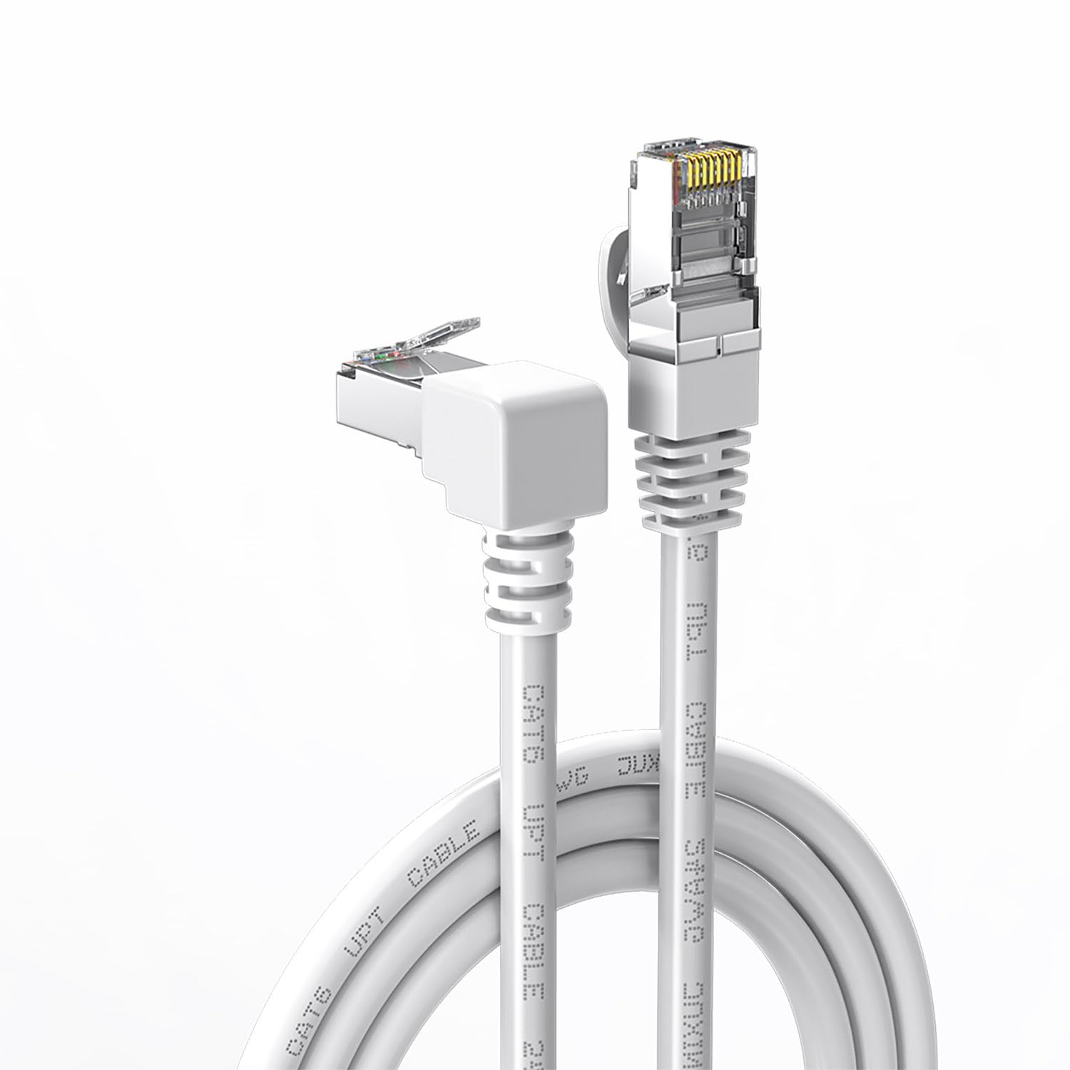 Juxinice 90 Degree Cat6 Ethernet Cable White Down/Up Right Angled Cat 6 Ethernet Patch Cables Gigabit Network Cord Rj45 90 Degree Adapter (Downward Angle, 10Ft)