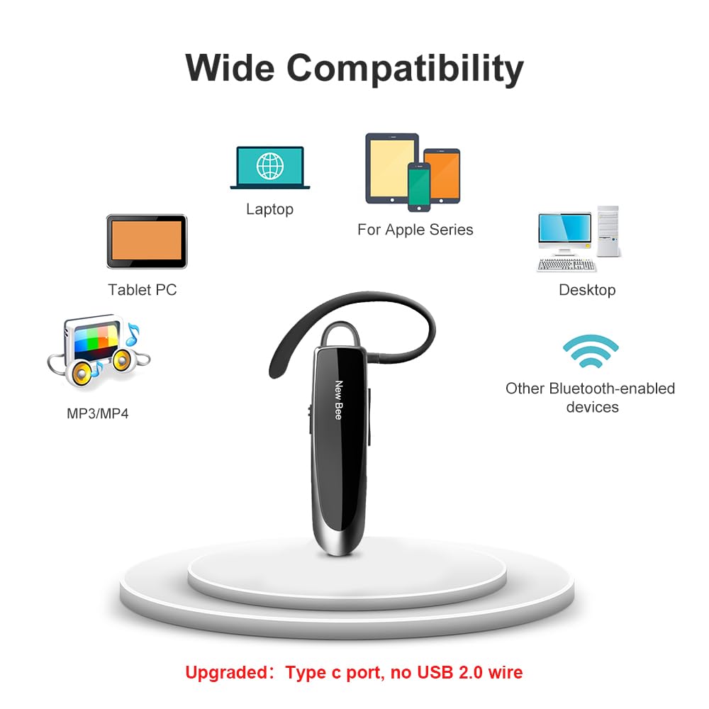 New bee Bluetooth Earpiece V5.0 Wireless Headset with Microphone, 24 Hrs, 60 Days Standby, Black, Model B41, for iPhone/Android/Samsung