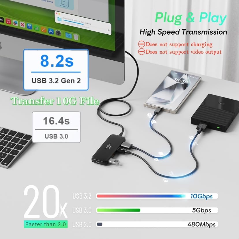 Qeefun ???????????? Usb 3.2 Hub With 4 Usb A Ports, Usb 3.2 Gen 2 Splitter,4Ft Extented Long Data Cable And Type C Power Port, F
