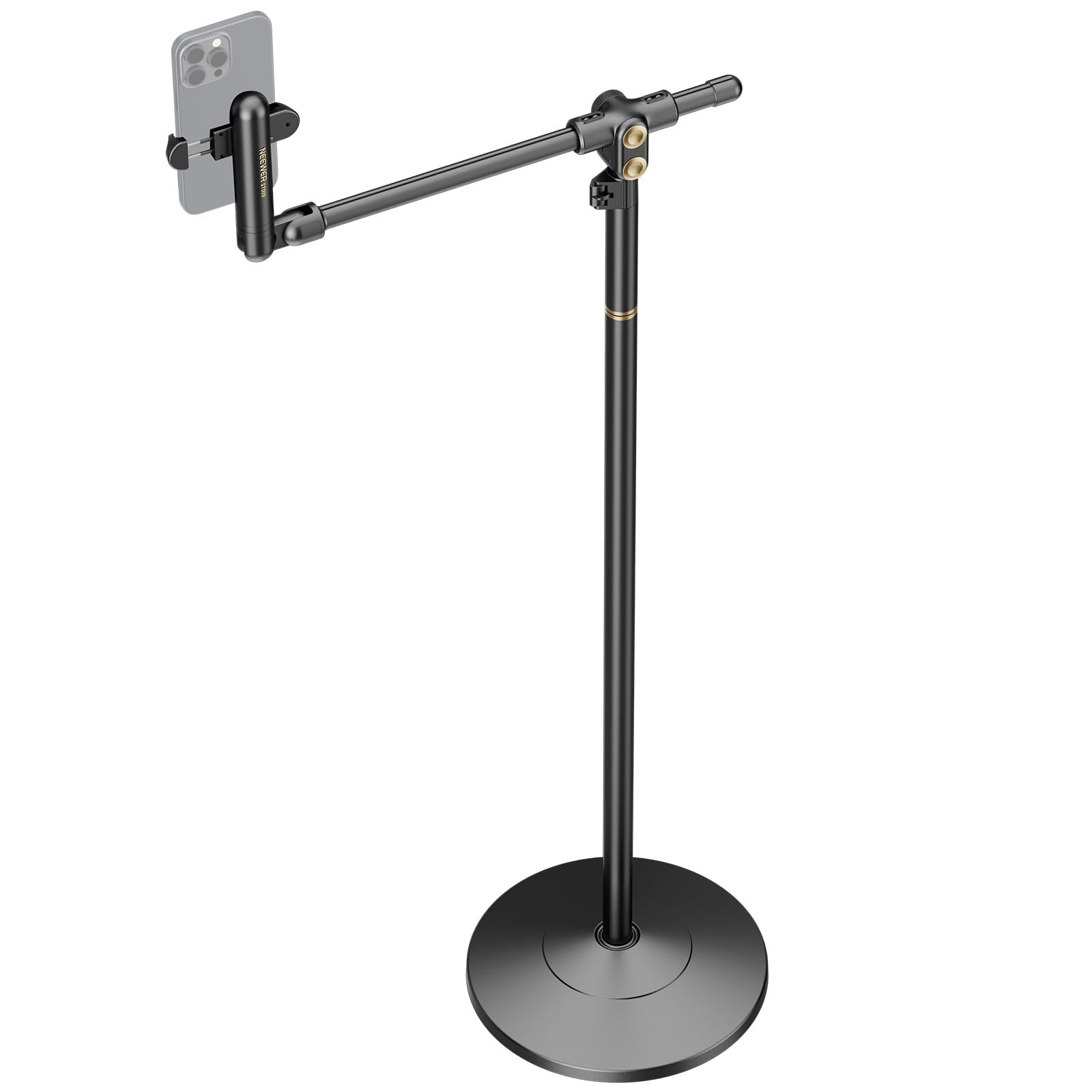 NEEWER BASICS Phone Floor Stand with Horizontal Extension Arm, Adjustable Bed Phone Holder Clamp Mount Compatible with iPhone 16