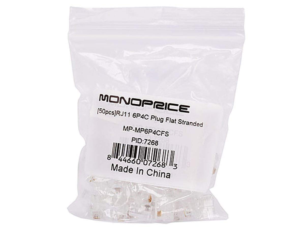 Monoprice 6P4C Rj11 Modular Plugs   For Flat Solid/Stranded Cable, 1U, 2 Prongs, 50 Pack, Clear