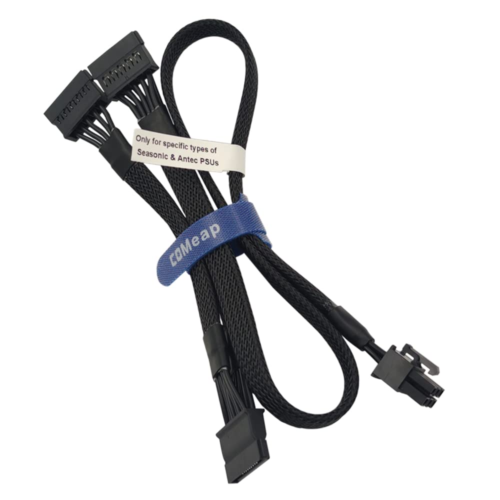 Comeap Sata Power Cable For Seasonic Antec Psus, 6 Pin To 3X 15 Pin Sata Hard Drive Power Adapter Splitter Sleeved For Btc Minin
