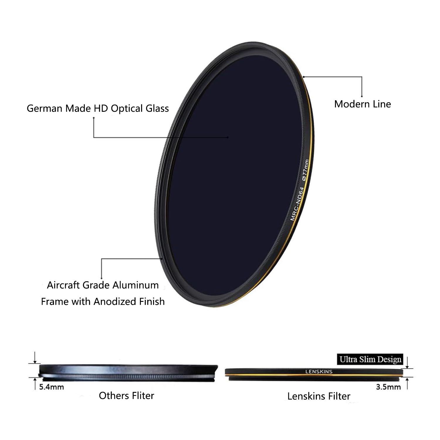 Lenskins 77Mm Nd64 Filter, 6 Stop Neutral Density Filter For Camera Lenses, 16 Layer Multi Resistant Coated, German Optics Glass