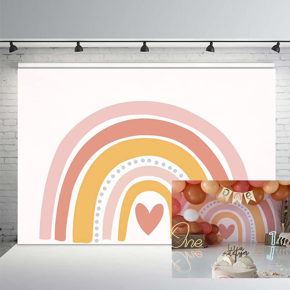 Mehofond 7X5Ft Boho Rainbow Pink Birthday Backdrop Bohemian Baby Girl Photography Background Happy 1St Birthday Party Banner Decoration Supplies Sweetheart Cake Smash Table Photo Studio Booth Props