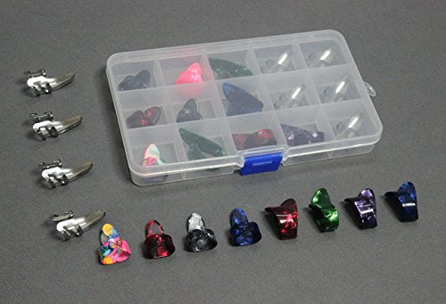 15Pcs Stainless Steel Celluloid Thumb Finger Guitar Picks Plectrum + 15 Grid Case Storage Box
