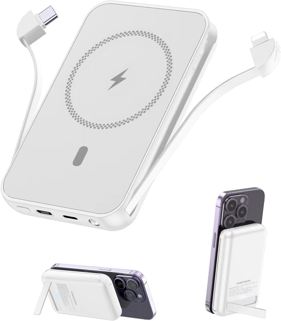 for Magnetic Power Bank, 6800mAh Wireless Portable Charger with PD30W Fast Charging, Battery Pack Builtin 2 Output Cables for i