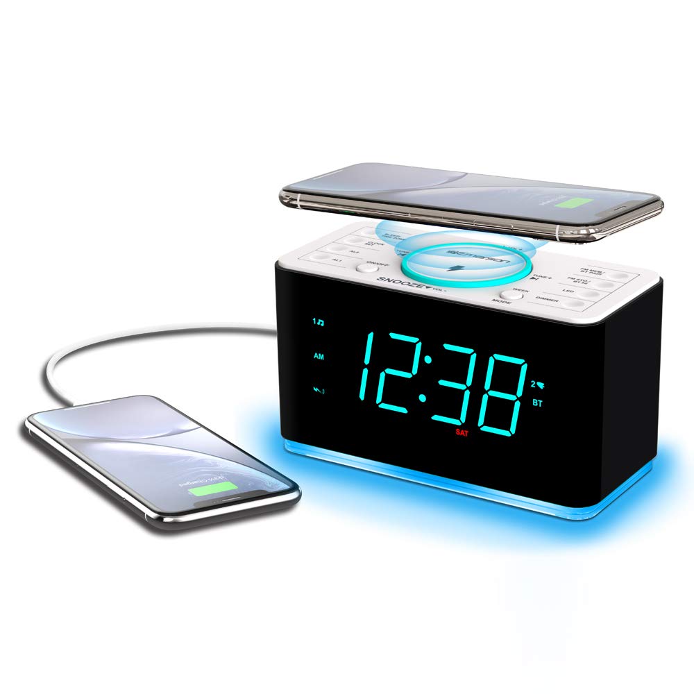 Emerson ER100401 Smartset 15Watt Ultra Fast Wireless Charging Dual Alarm Clock Radio with Bluetooth Speaker, USB Charger, Cyan L