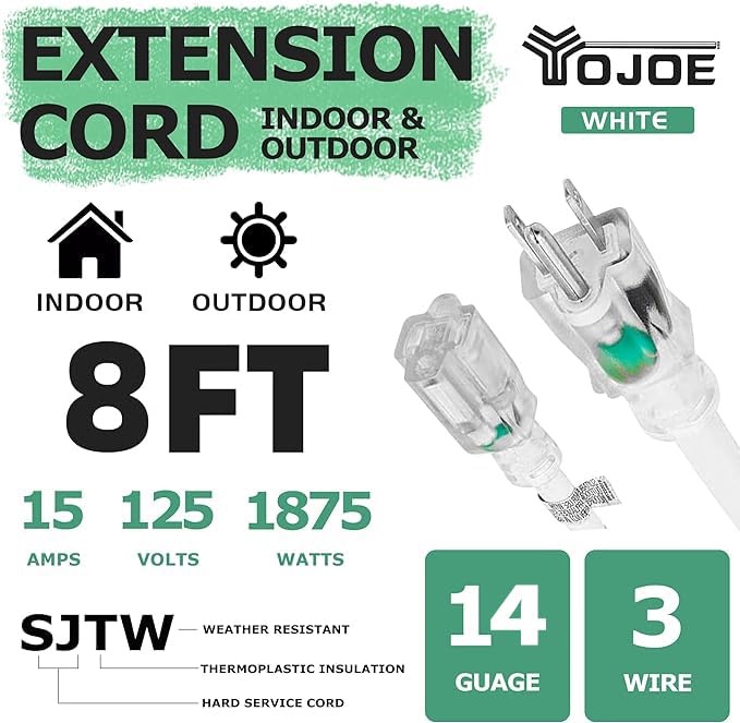 Yojoe Indoor Outdoor Extension Cord With Lighted End, 3 Prong 15A Weatherproof Power Extension Cord, 14 Gauge Heavy Duty 8 Ft Wh