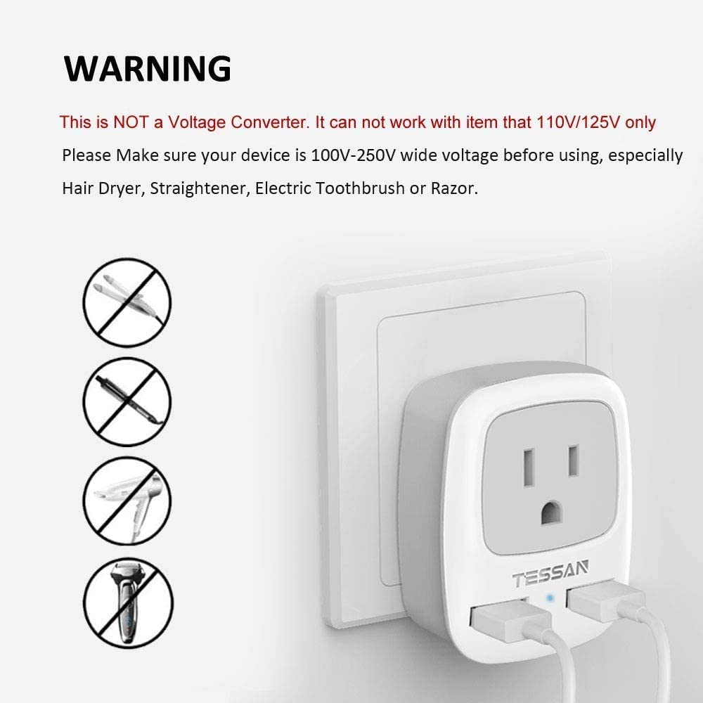 Tessan Germany France Travel Power Adapter, Schuko European Plug With 2 Usb, Type E F Outlet Adaptor Charger For Us To Europe Eu