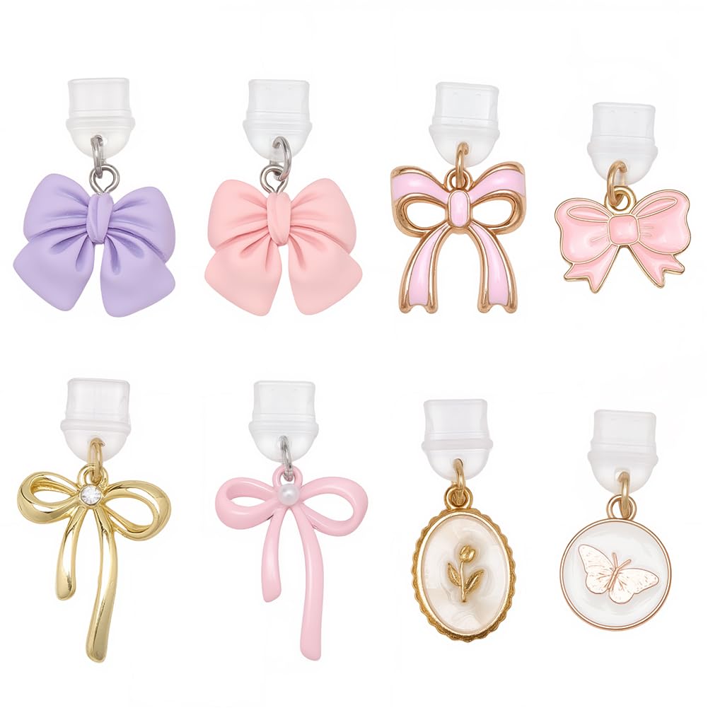 BEAMARKER 8Pcs Dust Plug Charm Type C Pink Bow Butterfly Compatible with Kindle E-Reader Phone Charging Ports Gift for Book Love