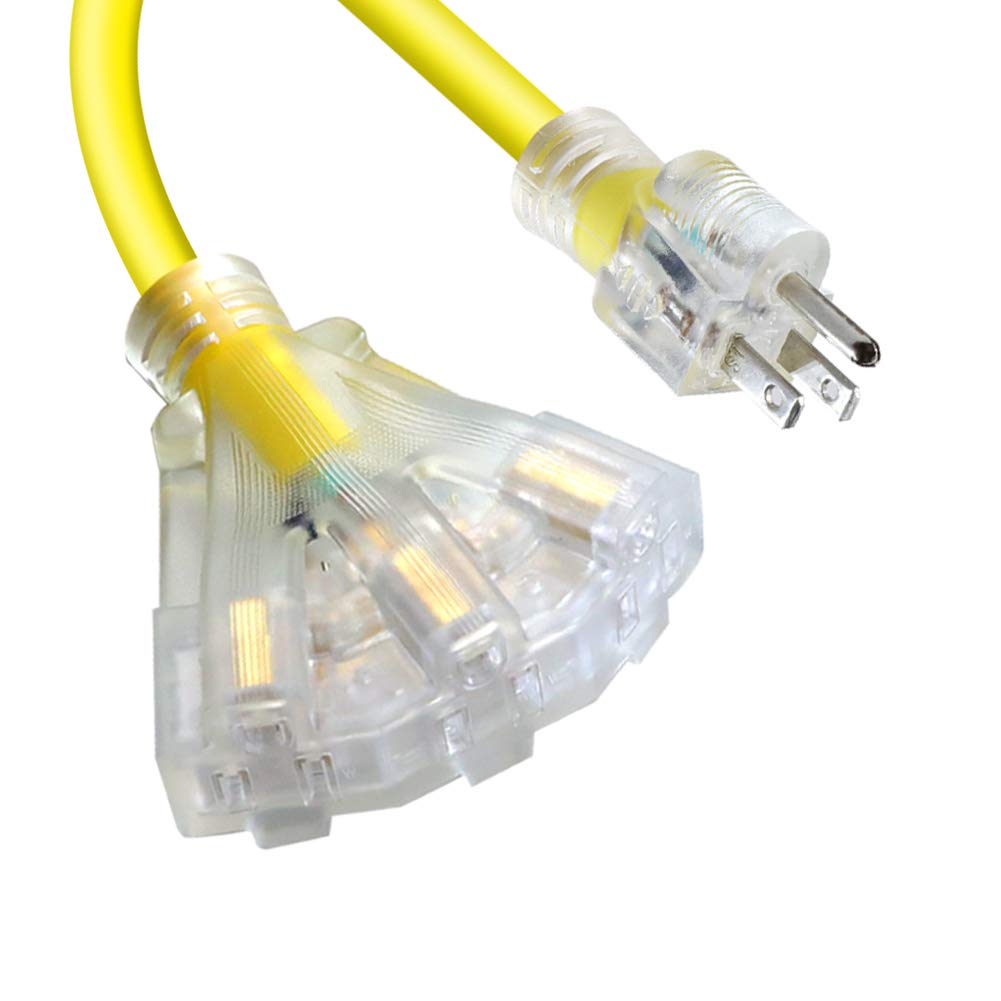 10 Ft 12/3 Extension Cord Heavy Duty Black 3 Outlet Indoor/Outdoor Sjtw Lighted 12 Gauge Grounded Power Cable ,12Awg 15 Amp, 187