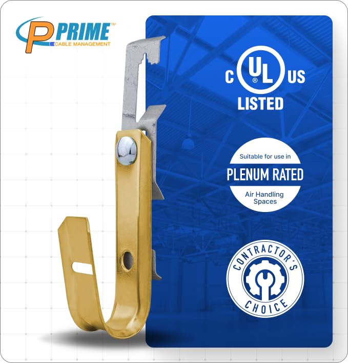 Prime Cable Management 3/4 Heavy Duty Metal Cable & Wire Support Batwing J Hook Hangers With Bat Wing Clip For Attaching Ceiling