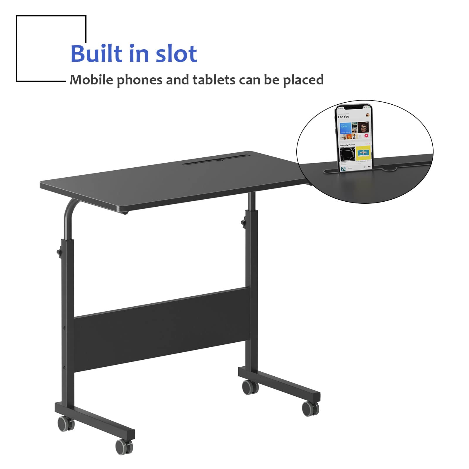 Dlandhome Mobile Bed Table 31.5 Inch, Adjustable Side Table Laptop Computer Stand Desks With Tablet Slot Cart Tray Wheels,Black#