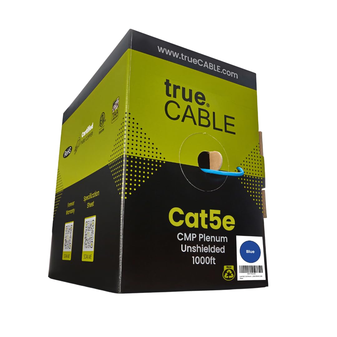 Truecable Cat5E Plenum (Cmp), 1000Ft, Blue, 24Awg 4 Pair Solid Bare Copper, 350Mhz, Poe++ (4Ppoe), Etl Listed, Unshielded Twisted Pair (Utp), Bulk Ethernet Cable