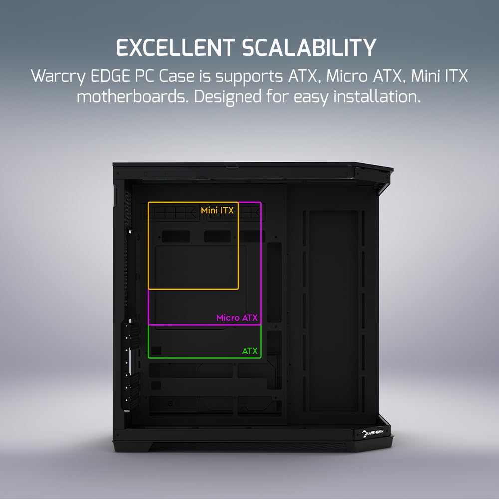 Gamepower Warcry Edge Mid Tower Atx Gaming Pc Case, Elegant Design, Dual Compartment Tempered Glass, Includes 1X Pwm Fan, Type C
