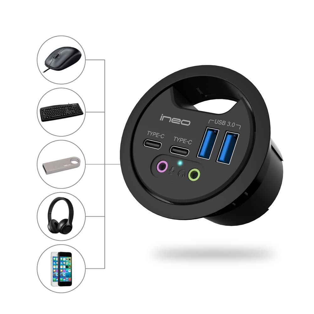 Ineo Grommet Desk Fit (Diameter 2.3'' To 2.4'') 2Type A + 2Type C With 3.5Mm Audio Mic Jack + 3.2'' Expandable Case (Power Is No