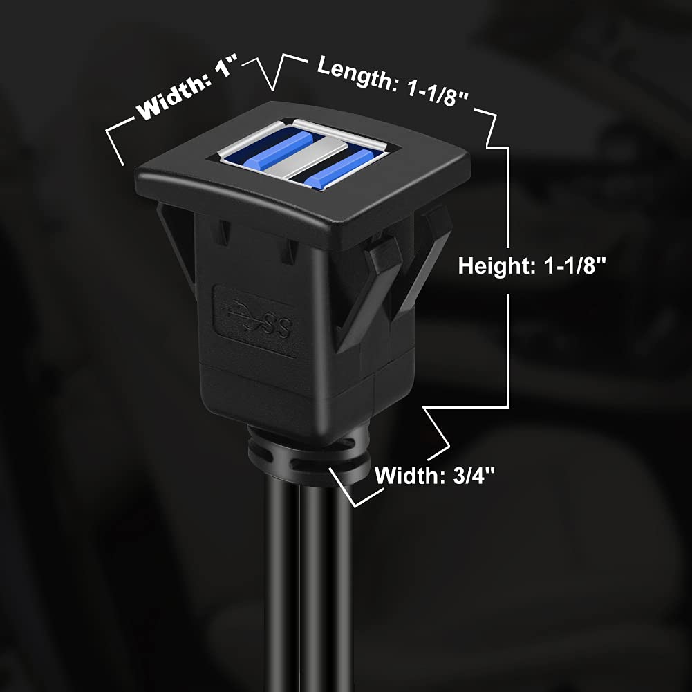 Batige Dual Ports Square Usb 3.0 Panel Flush Mount Extension Cable With Buckle For Car Truck Boat Motorcycle Dashboard 1Ft