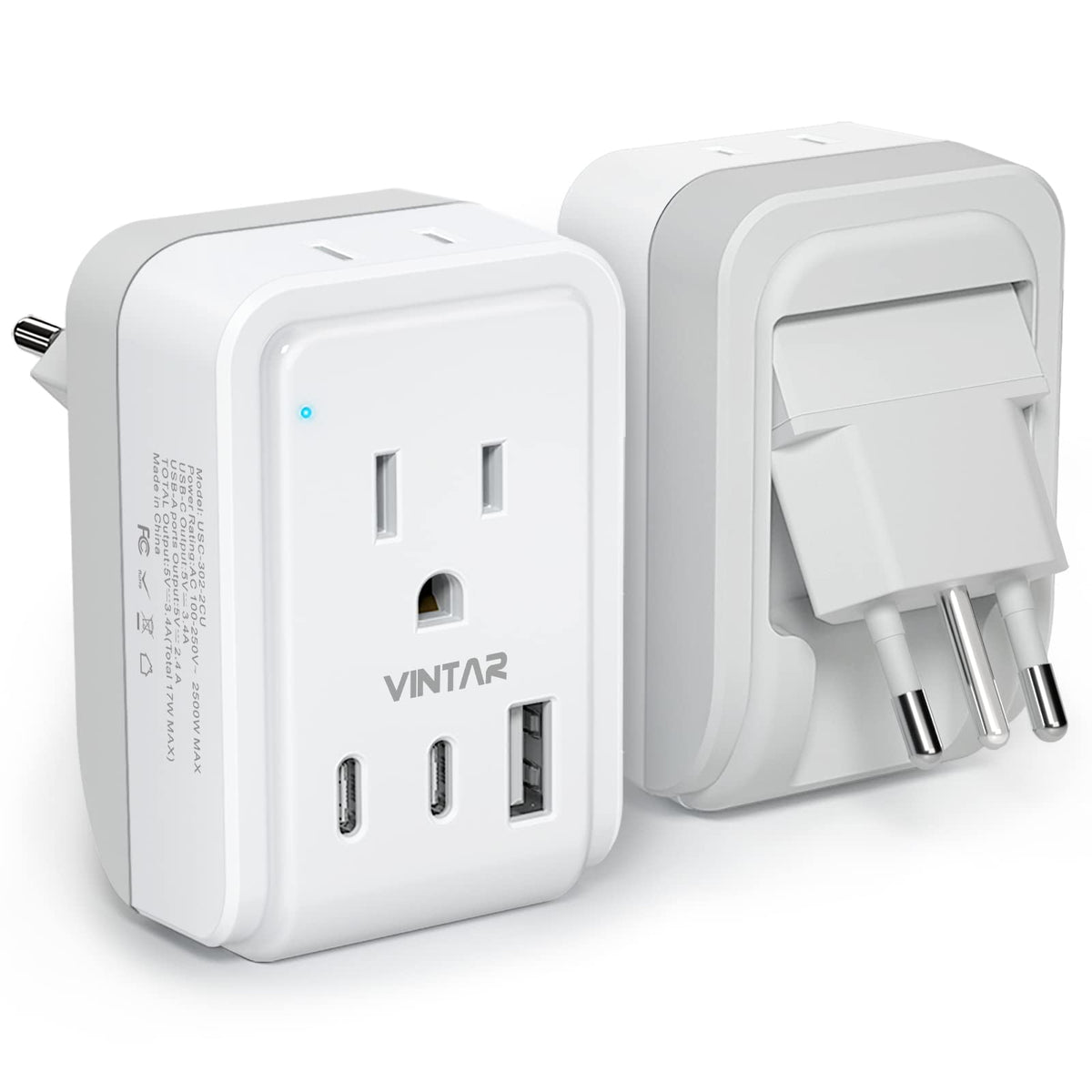 [1 Pack] Italy Travel Plug Adapter, Vintar 5 In 1 Foldable Italy Power Adapter With 17W 3 Usb Ports(2 Usb C) & 2 American Outlet