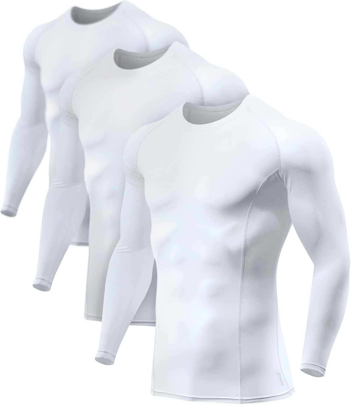 Athlio Mens Upf 50 Long Sleeve Compression Shirts, Water Sports Rash Guard Base Layer, Athletic Workout Shirt, 3Pack Whitewhitew