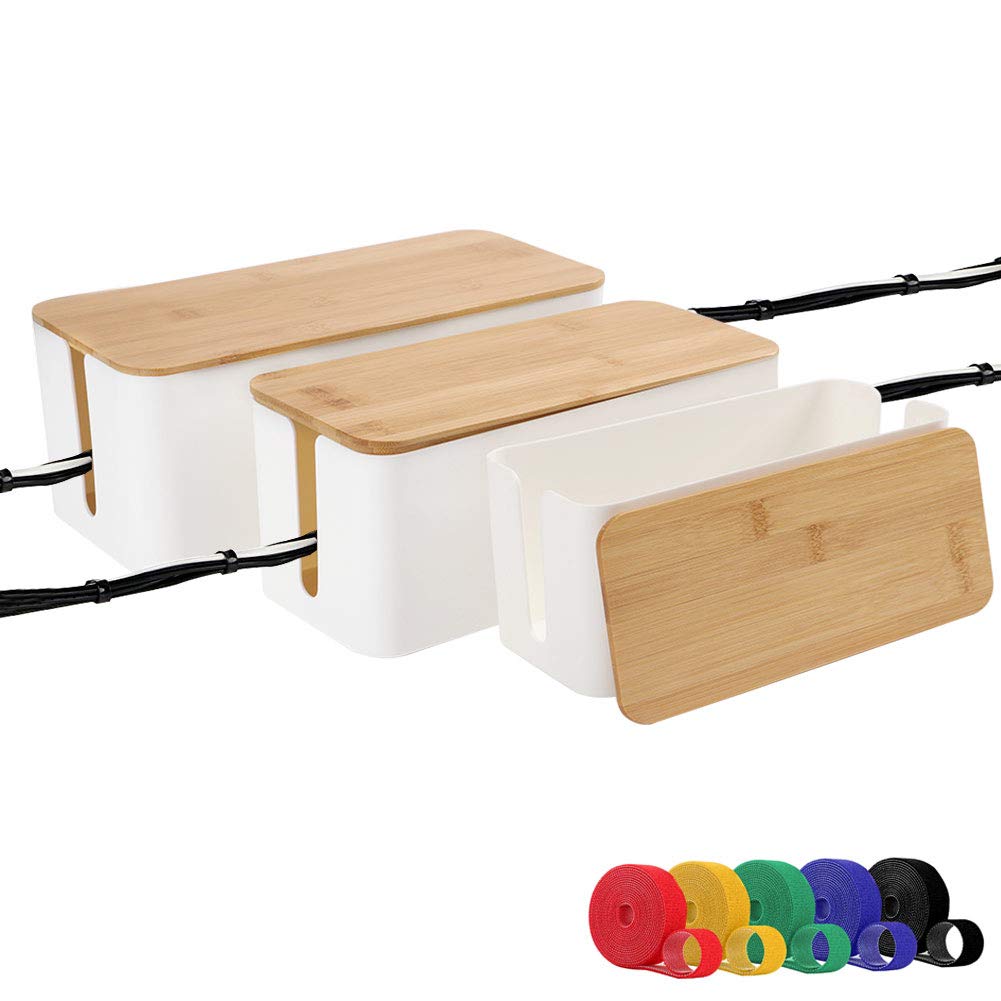 [Set Of Three] Cable Management Box Organizer, Bamboo Lid Large Storage Wires Holder For Home, Office, Desk, Tv, Computer   Grea
