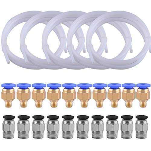 Siquk 5 Pieces Teflon Tube Ptfe Tubing (1M) With 10 Pieces Pc4 M6 Fittings And 10 Pieces Pc4 M10 Fitting Connector For 3D Printe