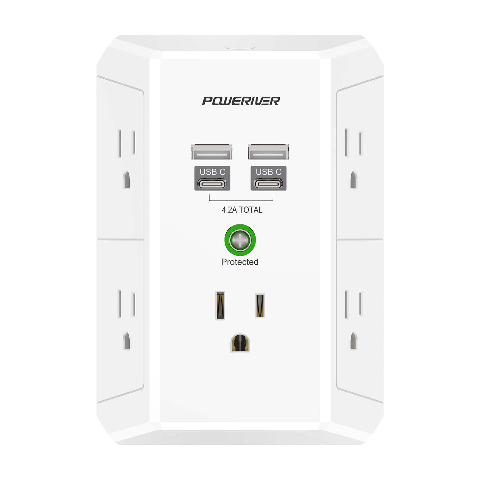 Multi Outlet Extender Surge Protector   Poweriver Multi Plug Wall Outlet With 5 Ac Outlets And 4 Usb Ports(2Usb C), 1680 Joules,