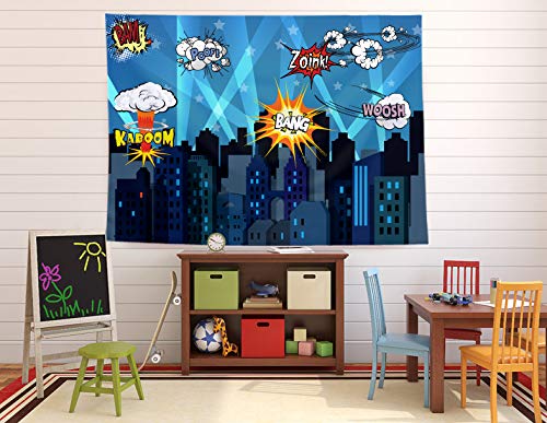 Superheroes Theme Party Photography Backdrop With Prop, Flag & Mask. Super Hero Cityscape Photo Booth Background For Kids Party,