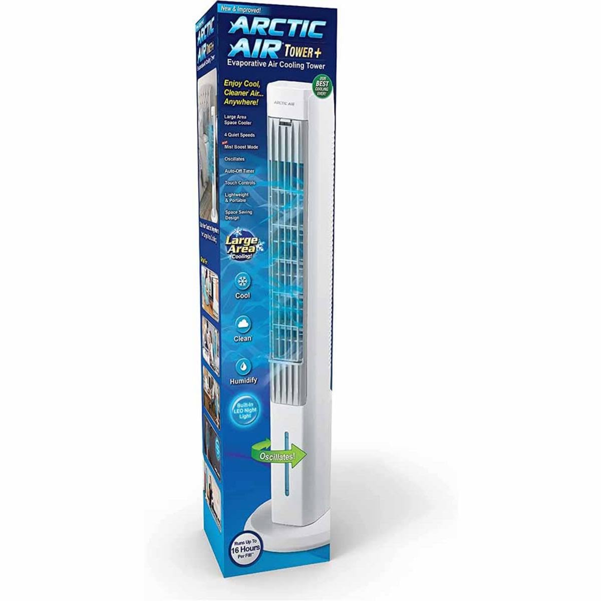 Arctic Air Tower+ Indoor Evaporative Cooler With Oscillating And Quiet Fan Function, Auto Off Timer, 4 Fan Speeds, Led Night Lig