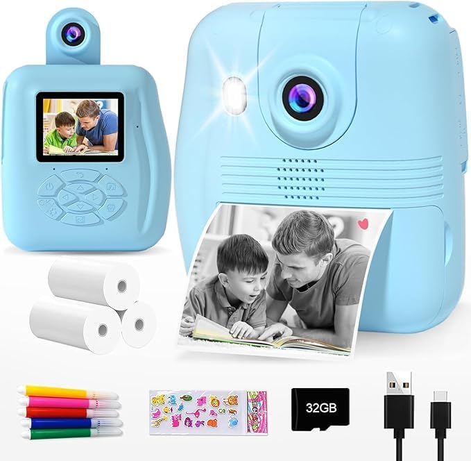 GKTZ Kids Digital Camera with 32GB SD Card - Toddler Instant Print Camera with 2.4 IPS HD Screen, 1080P, 2000mAh Battery - Chris