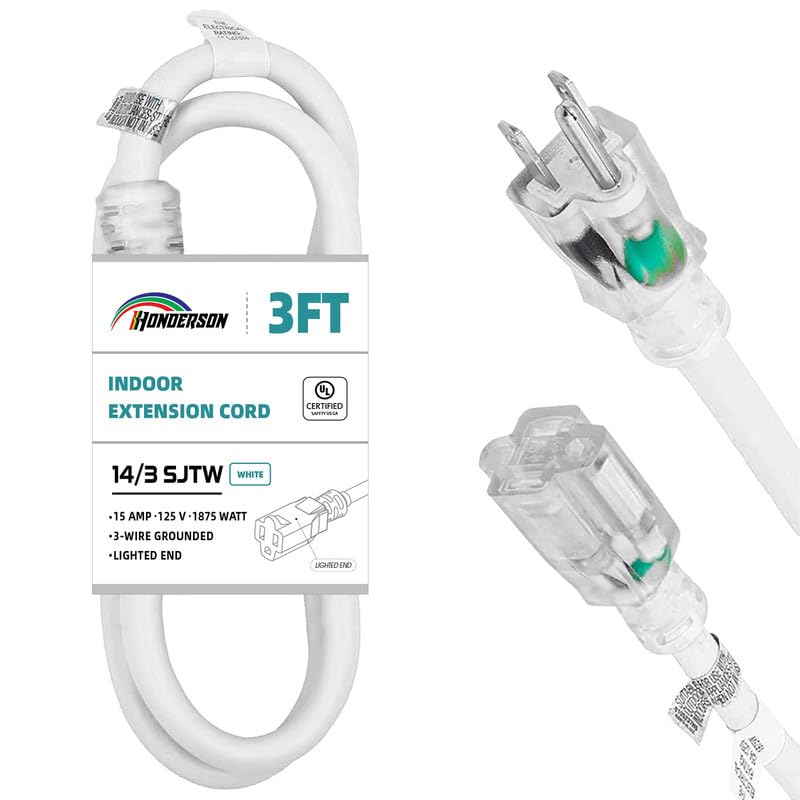 Honderson Indoor Outdoor Extension Cord Weatherproof With Lighted End, Ul Listed, 14 Gauge 3Ft White 3 Prong Heavy Duty Extensio