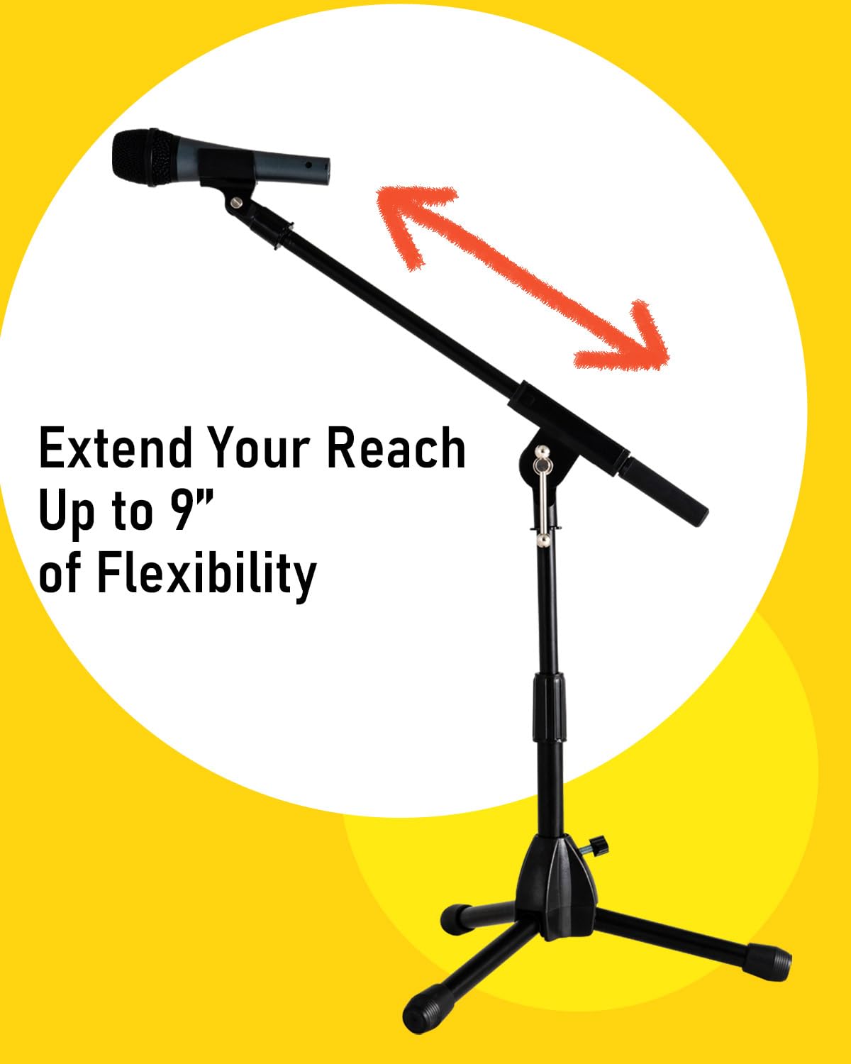 Stage Rocker Foldable Tripod Low-Profile Mic Boom Stand - Height Extending From 9.6 To 16.9, W/Adjustable Telescoping Arm Up
