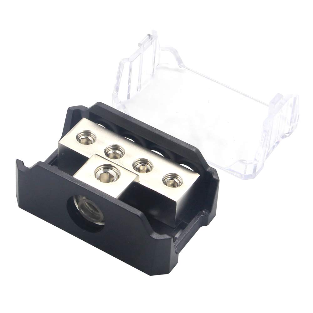 Rkurck 4 Way Power Distribution Block, 0/2/4 Awg Gauge In, 4/8/10 Gauge Out, Car Audio Stereo Amp Distribution Connecting Block