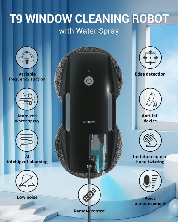 Fmart T9Pro Window Cleaning Robot   3800Pa, Ultrasonic Water Spray, Ai Path Planning, Ai Edge Detection Window Cleaner Robotic V