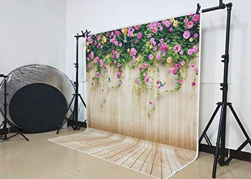 Wolada 8X8Ft Flower Wall Backdrop Spring Backdrop Spring Floral Photo Backdrop Brown Wood Plank Flower Wall Photography Backdrop Girl Birthday Party Wedding Shower Photography Background 8909