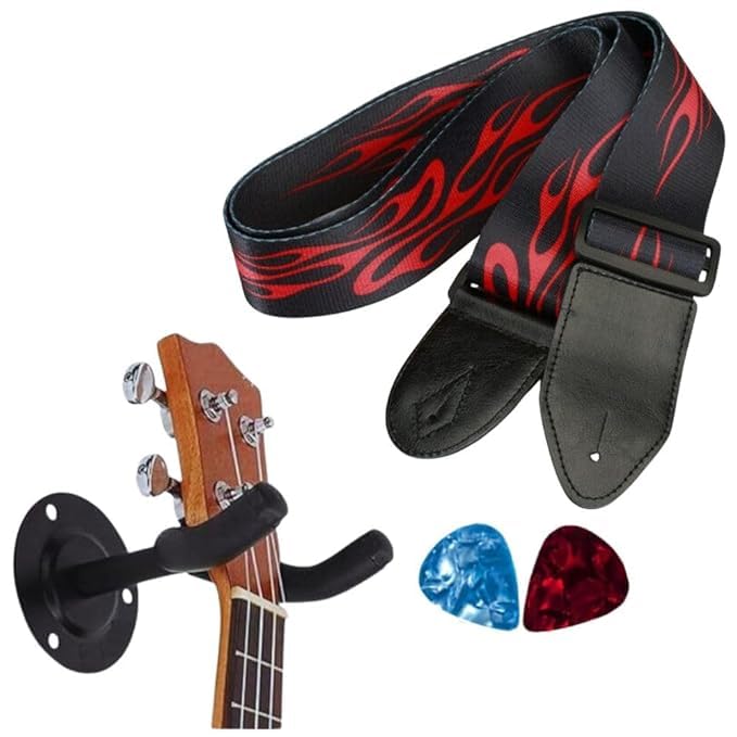 Premium Guitar Accessories Set with Adjustable Nylon Strap, Wall Mount Hanger, Plectrum Picks for Acoustic, Electric, Bass Guita