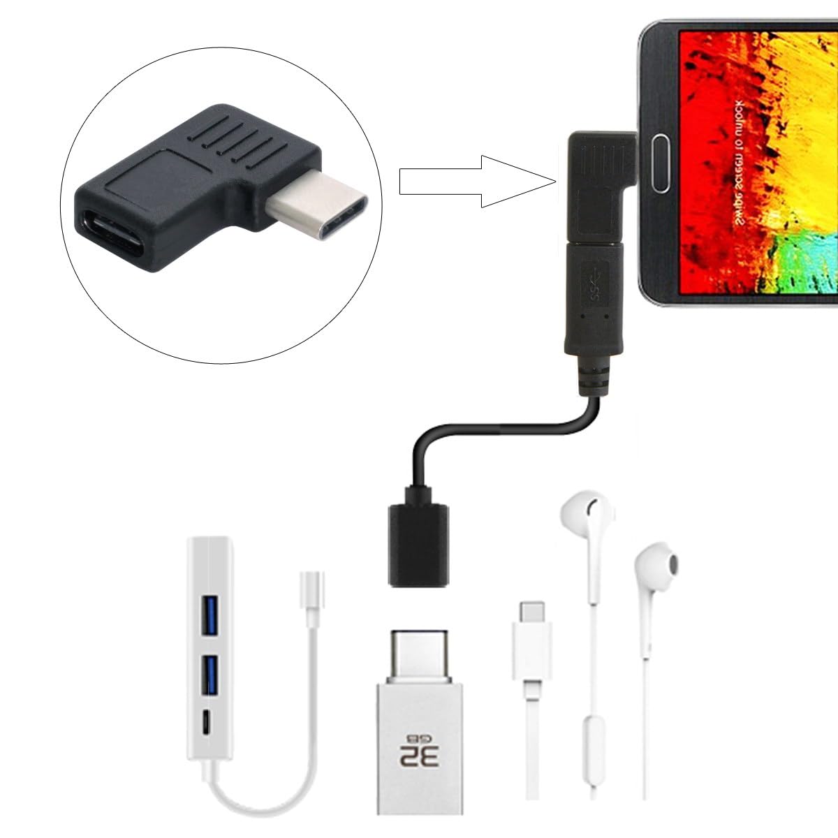 Cy 90 Degree Left Right Angled Reversible Usb 3.1 Type C Male To Female Extension Power Data Video Adapter For Laptop Phone