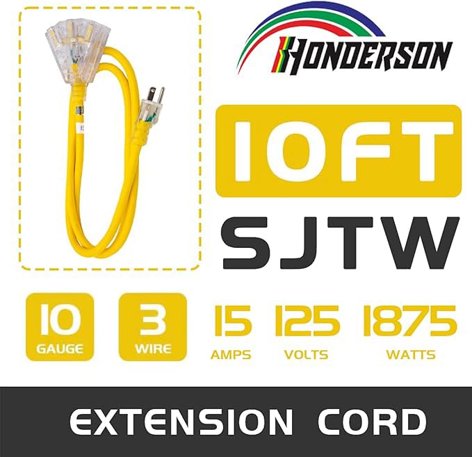 Honderson 3 Outlets Indoor Outdoor Extension Cord Weatherproof With Lighted End, Ul Listed, 10 Gauge 10Ft Yellow 3 Prong Heavy D