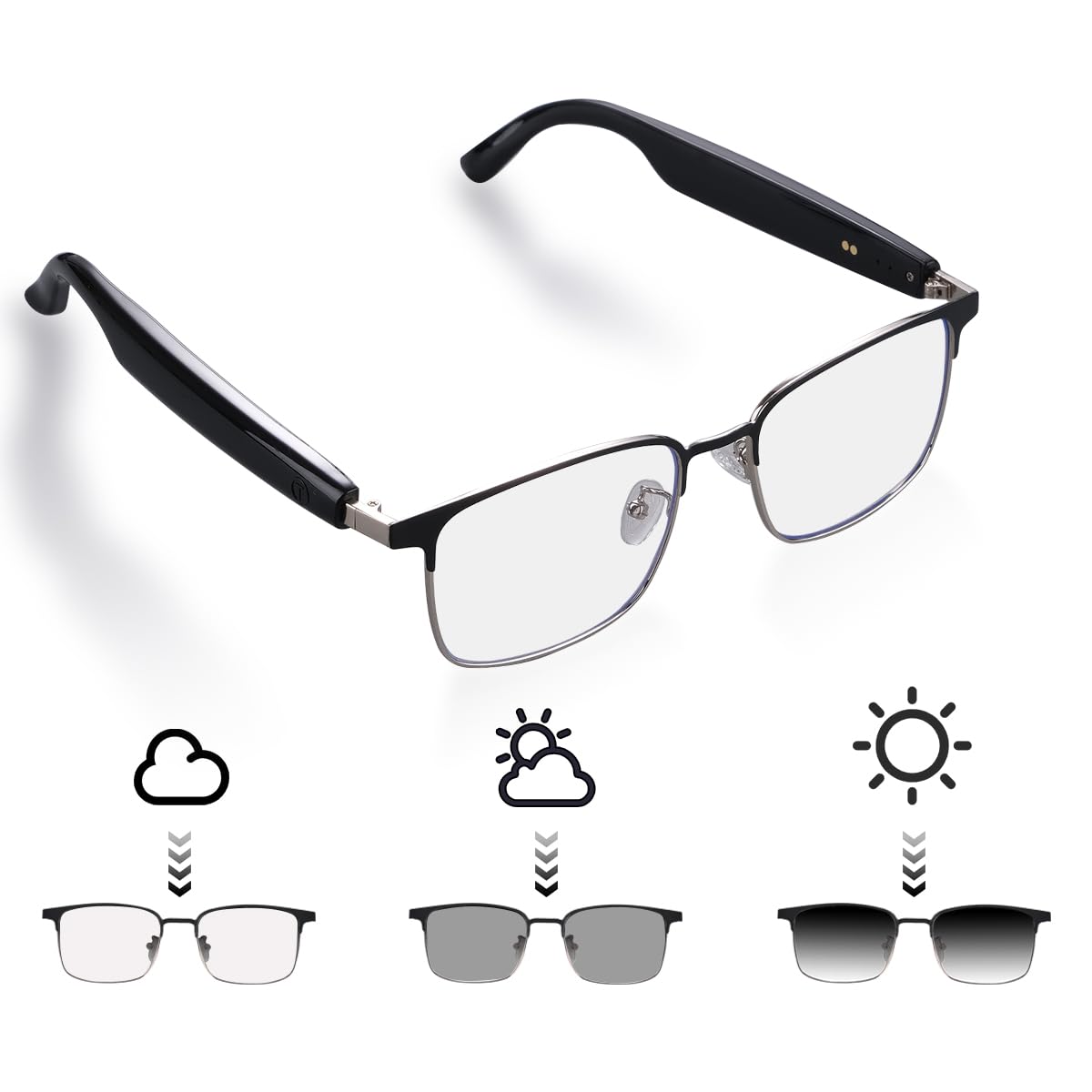 QJF Smart Glasses for Men & Women with Photochromic Lenses, Bluetooth 5.3, Polarized, Blue Light Blocking, Open-Ear Speakers, Li