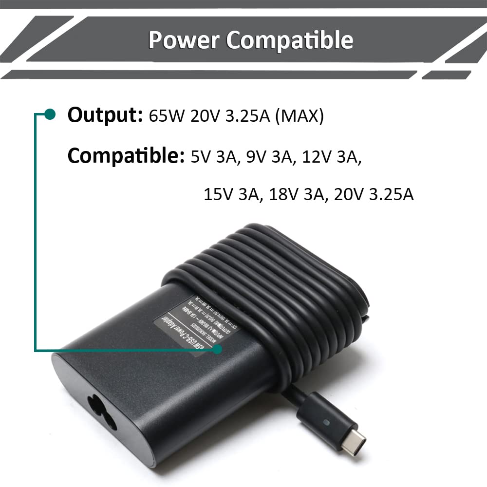 65W Type C Charger Fit For Dell Latitude 12 13 5179 5285 5289 5290 5295 5590 5300 7569 7490 7480 7400 7370 7390 E7370, 2 In 1 Se