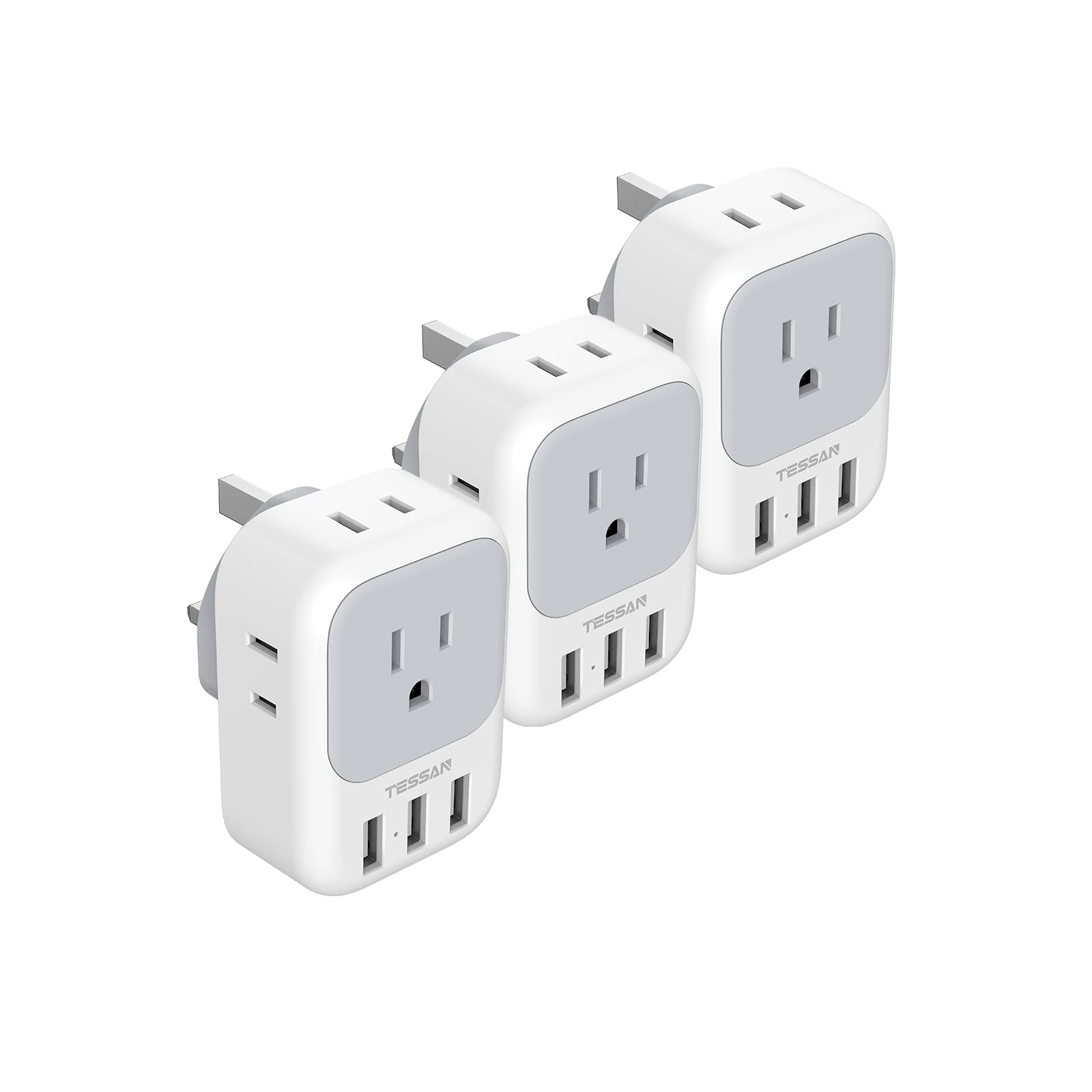 Tessan Us To Uk Plug Adapter 3 Pack, Type G Travel Converter With 4 Electrical Outlet 3 Usb Charger, Power Adaptor For Usa To Ir