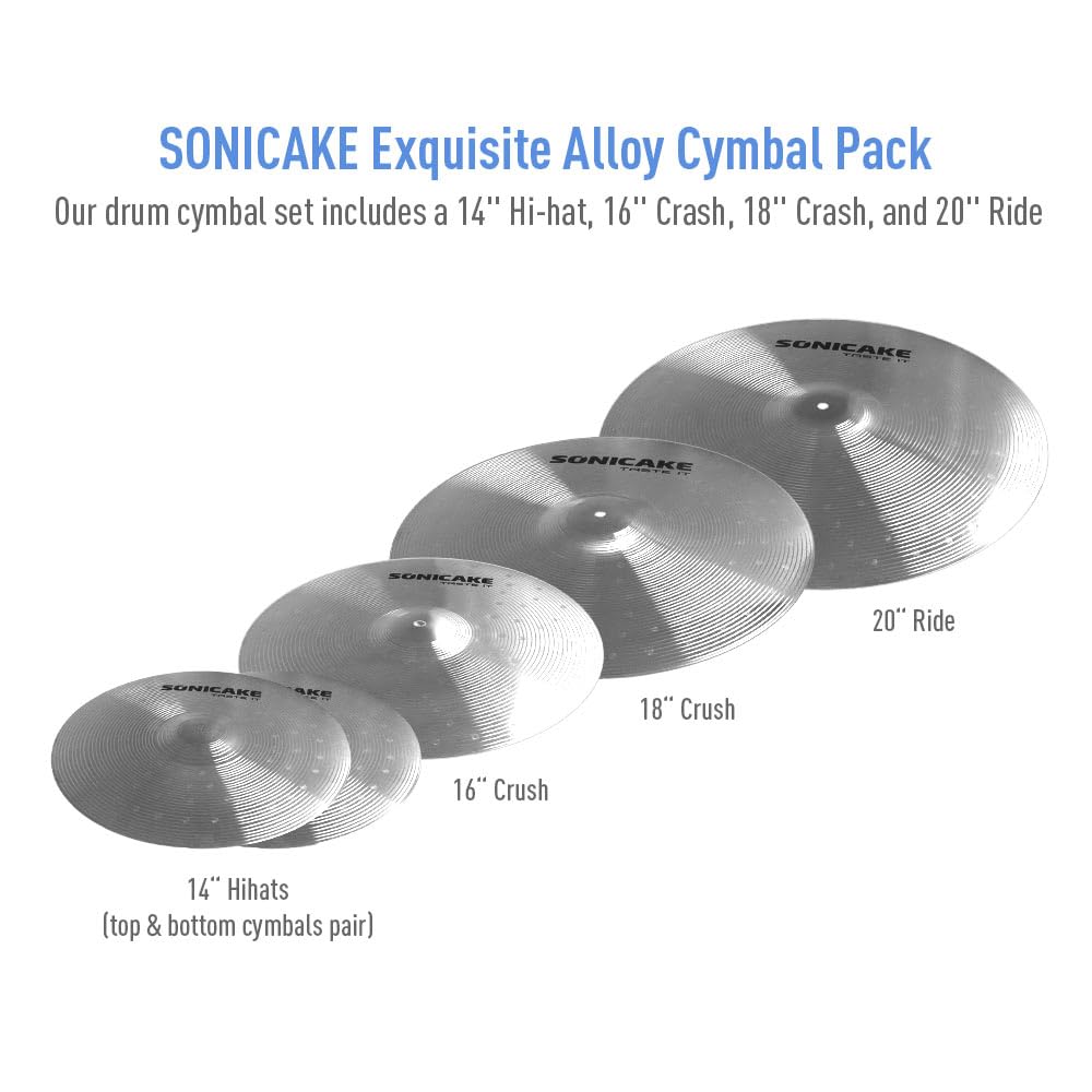 Sonicake Cymbal Pack Alloy Cymbals Drum Cymbal Set 14''Hi Hats+16''Crash+18''Crash+20''Ride 5 Pieces, Sliver
